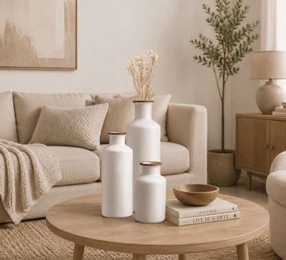 White Ceramic Flower Vase for Home Decor - Set of 3