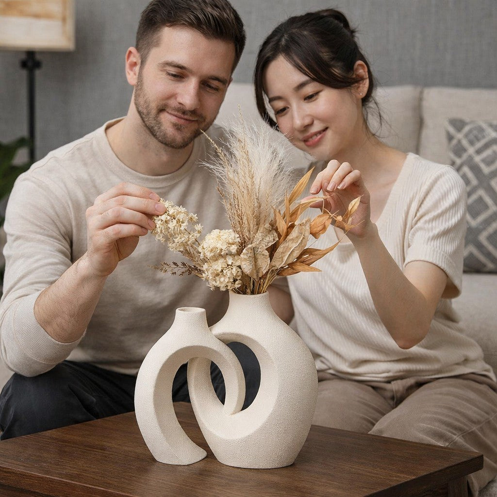 Corelz Lifestyle modern interlocking ceramic vase with dried flowers on a wooden table with a couple in the background.