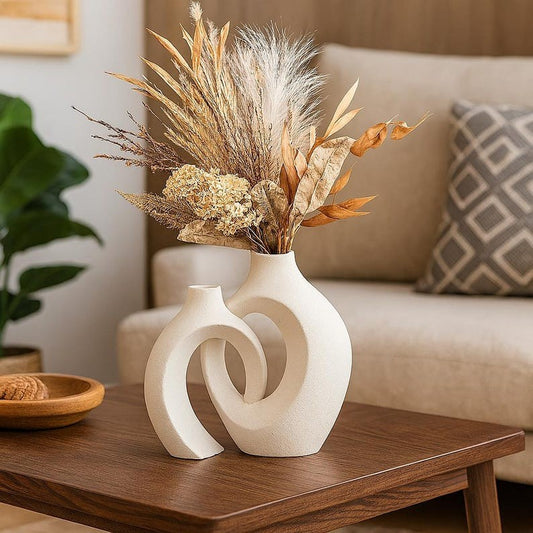 Corelz Lifestyle modern interlocking ceramic vase in off-white matte finish with dried botanical arrangement